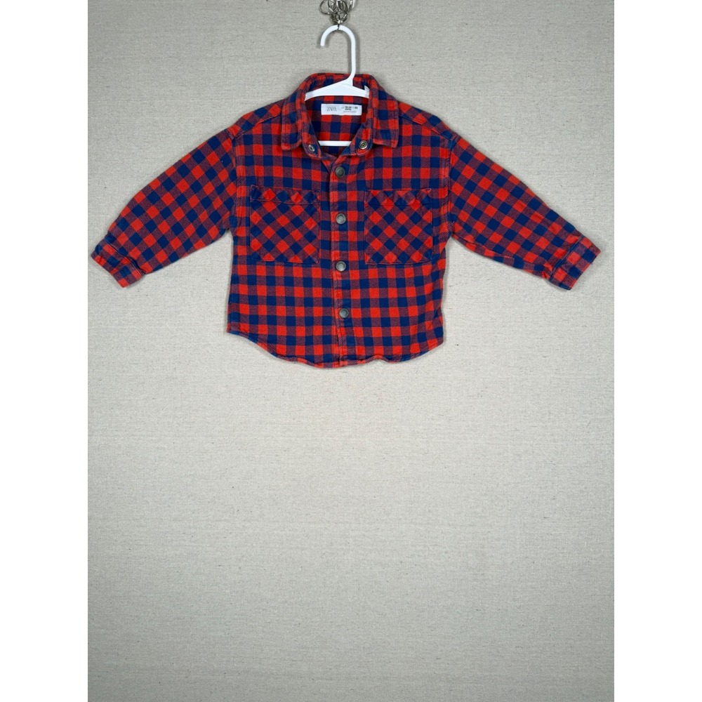 Zara Kids Red Blue Buffalo Plaid Flannel Button Up Shirt 18-24 Months